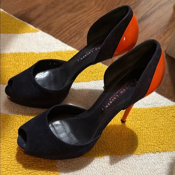 Elegant Black and Orange Peep-Toe Heels - Picture 1 of 8